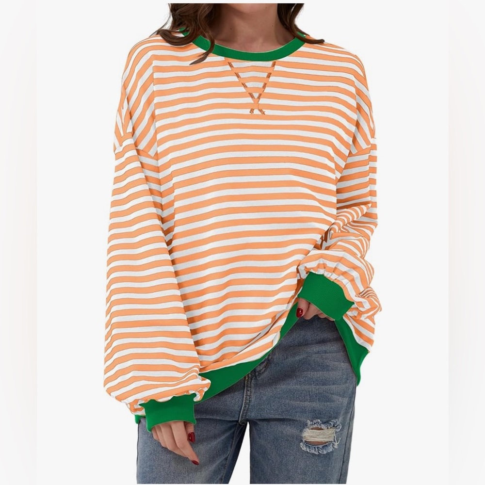 Orange and Green Striped Women's Sweatshirt - Halloween! Large